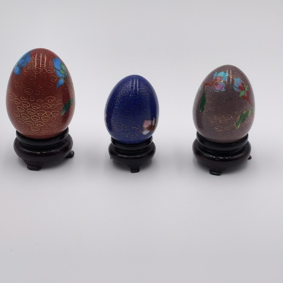 Vintage Chinese Cloisonne Satsuma Egg Figurines 3 Intricate Floral Wooden Stands - Picture 10 of 10